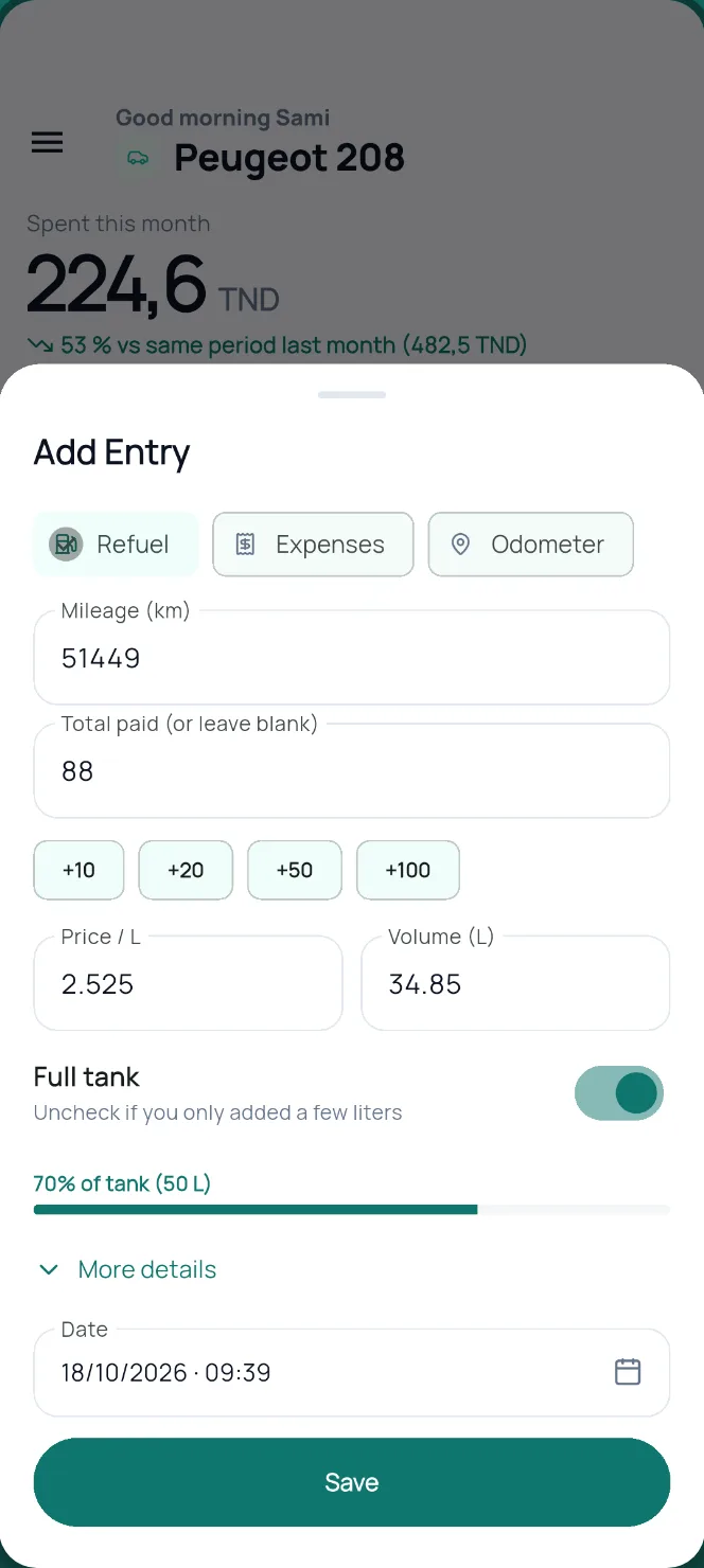 Logging a fuel fill-up in 10 seconds
