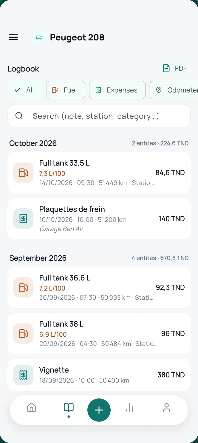 Digital logbook: fill-ups and expenses history, month by month