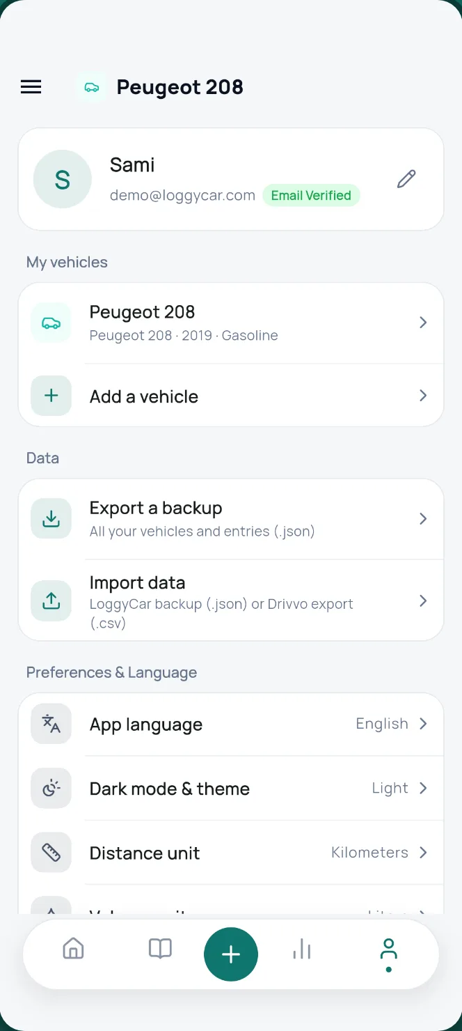 Account, units, currency and security (PIN, fingerprint)