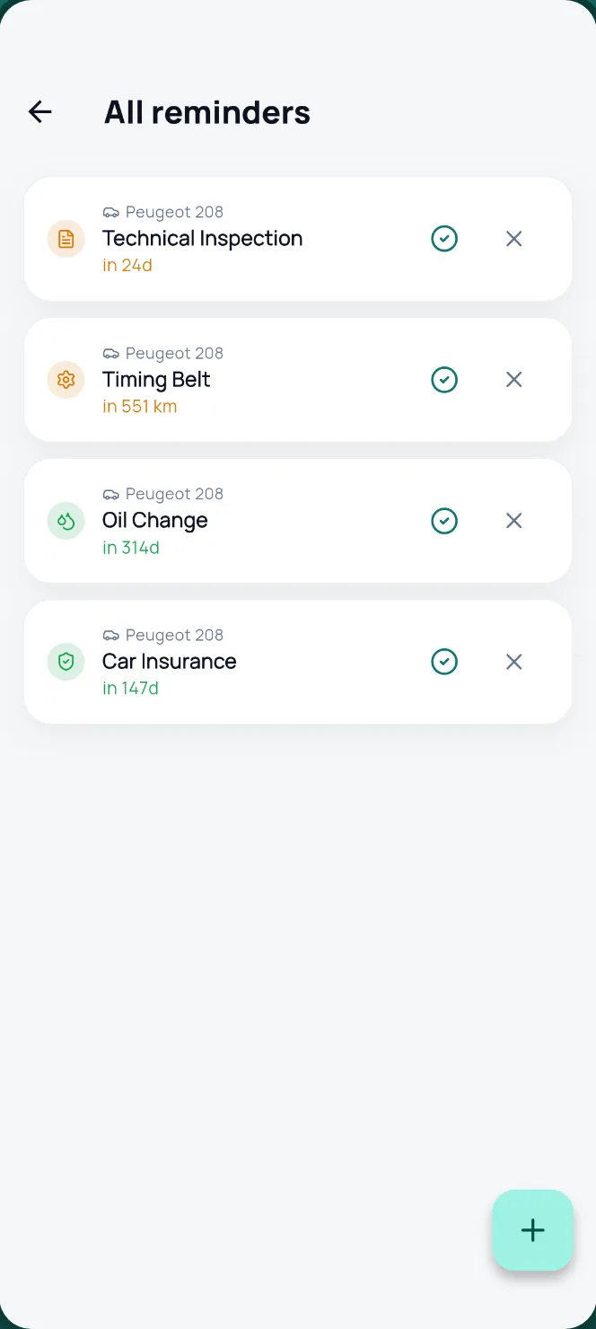 Oil change, insurance and vehicle inspection reminders